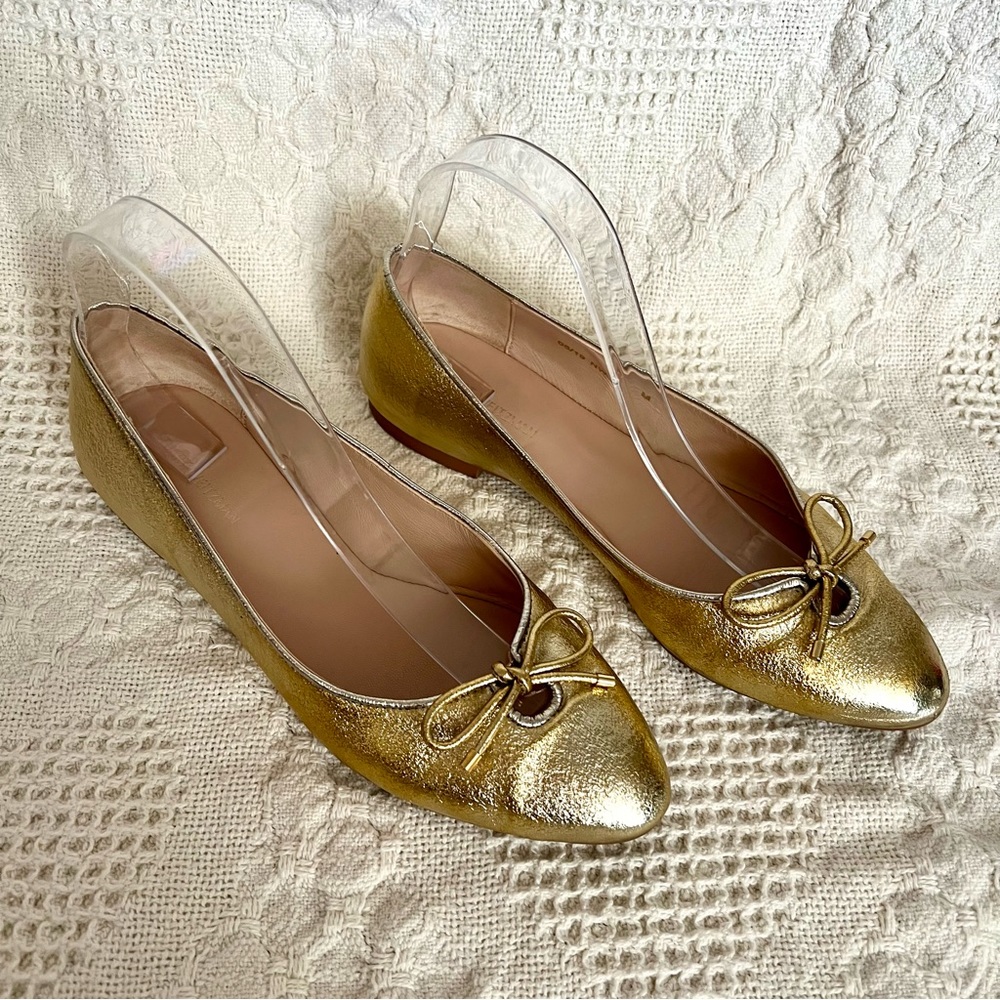 Stuart Weitzman Gabby Bow Flats Gold Silver Metallic Pointed Toe Comfortable - Picture 3 of 10